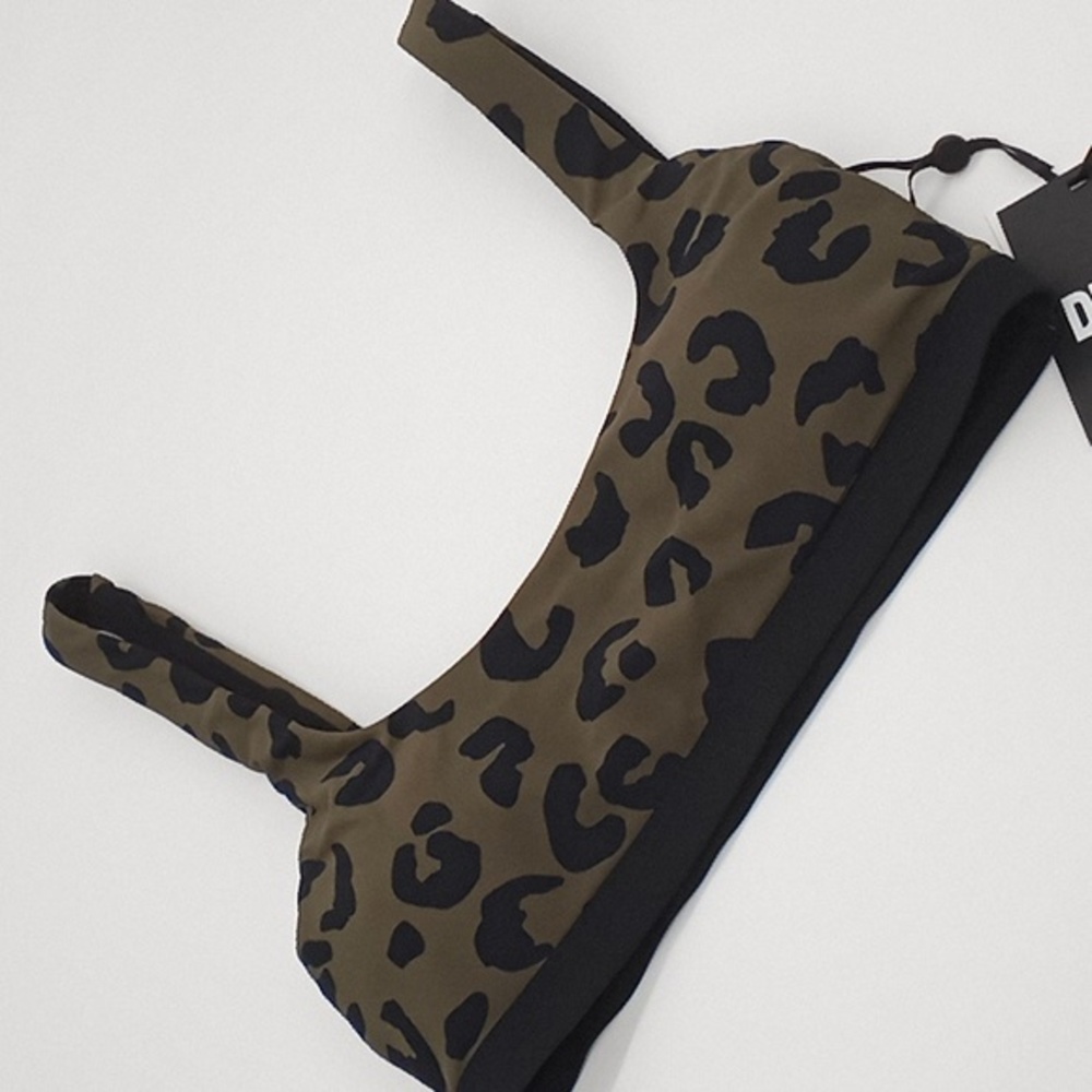 DKNY Block Leopard Print Bikini Swim Top Moss Green XS